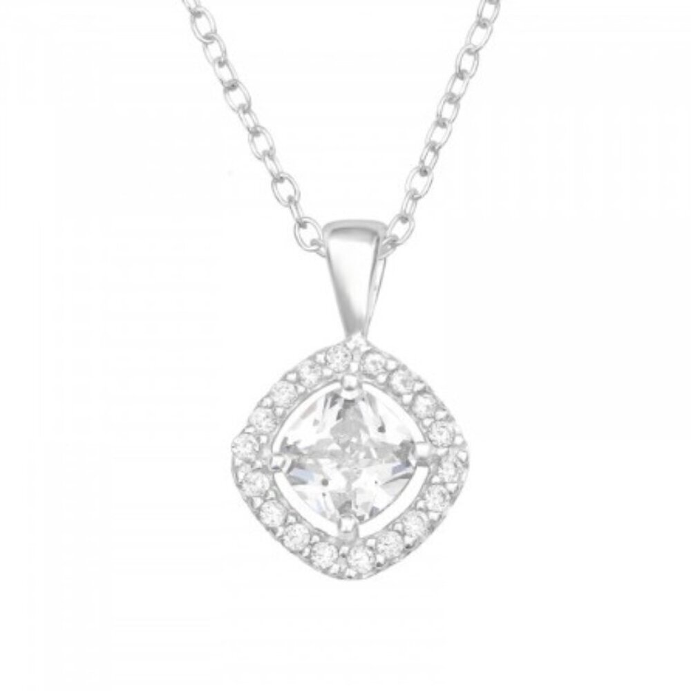 Sterling Silver Round Halo Crystal Necklace | 19 CZ